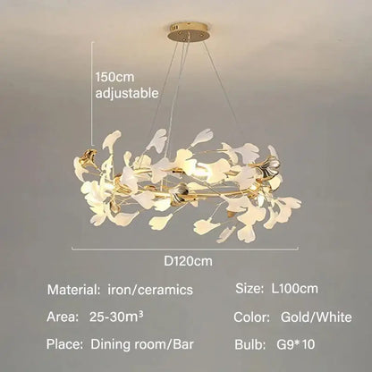 Decorbites Gold Ginkgo LED Chandelier with white ceramic leaves and gold iron frame, 120 cm dia on Tampa Home & Garden Store