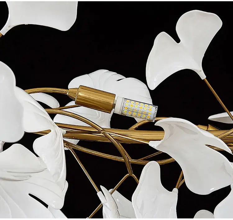 Gold Ginkgo LED Chandelier by Decorbites; white porcelain leaf petals on gold stems on Tampa Home & Garden Store