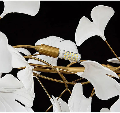 Gold Ginkgo LED Chandelier by Decorbites; white porcelain leaf petals on gold stems on Tampa Home & Garden Store