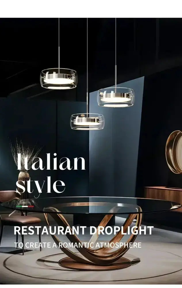 Modern black glass dining pendants, trio with glass shades and metal rims over a glass table on Tampa Home & Garden Store