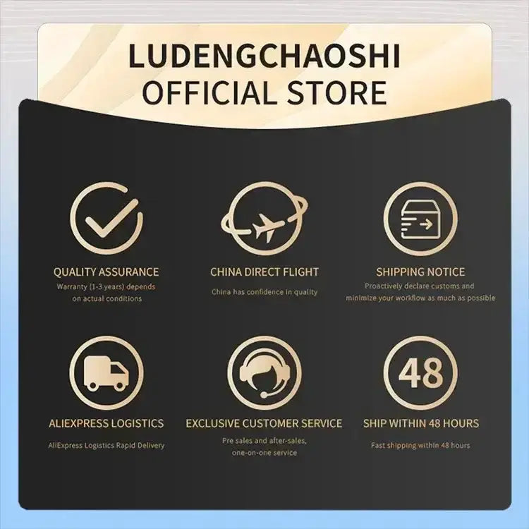 LUDENGCHAOSHI Official Store banner on a dark panel with gold icons for QA, direct flight, shipping notice on Tampa Home & Garden Store