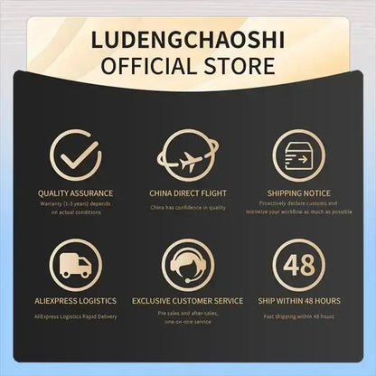 LUDENGCHAOSHI Official Store banner on a dark panel with gold icons for QA, direct flight, shipping notice on Tampa Home & Garden Store