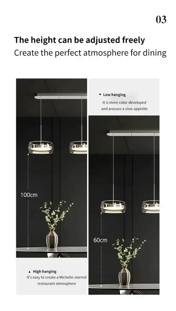 Modern black glass dining table pendant light with adjustable height, four pendants shown on Tampa Home & Garden Store