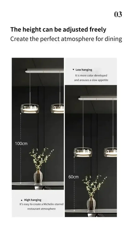 Modern black glass dining table pendant light with adjustable height, four pendants shown on Tampa Home & Garden Store