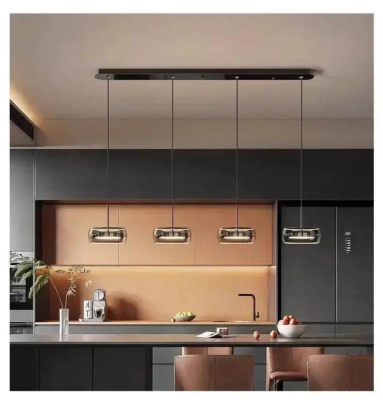 Decorbites modern black glass dining pendant lights set of 4 over a dark kitchen island on Tampa Home & Garden Store