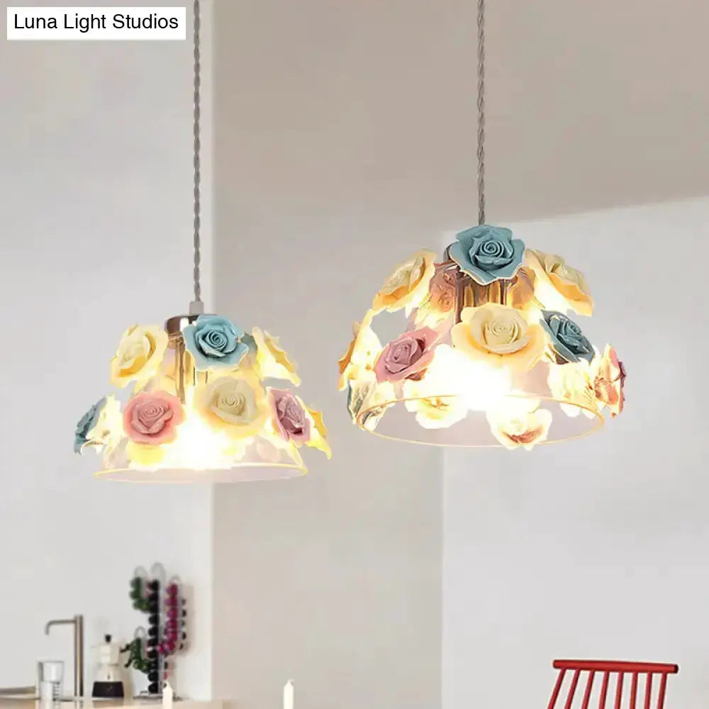 Decorbites transparent glass flower pendant light with pastel roses for dining room set 2 on Tampa Home & Garden Store