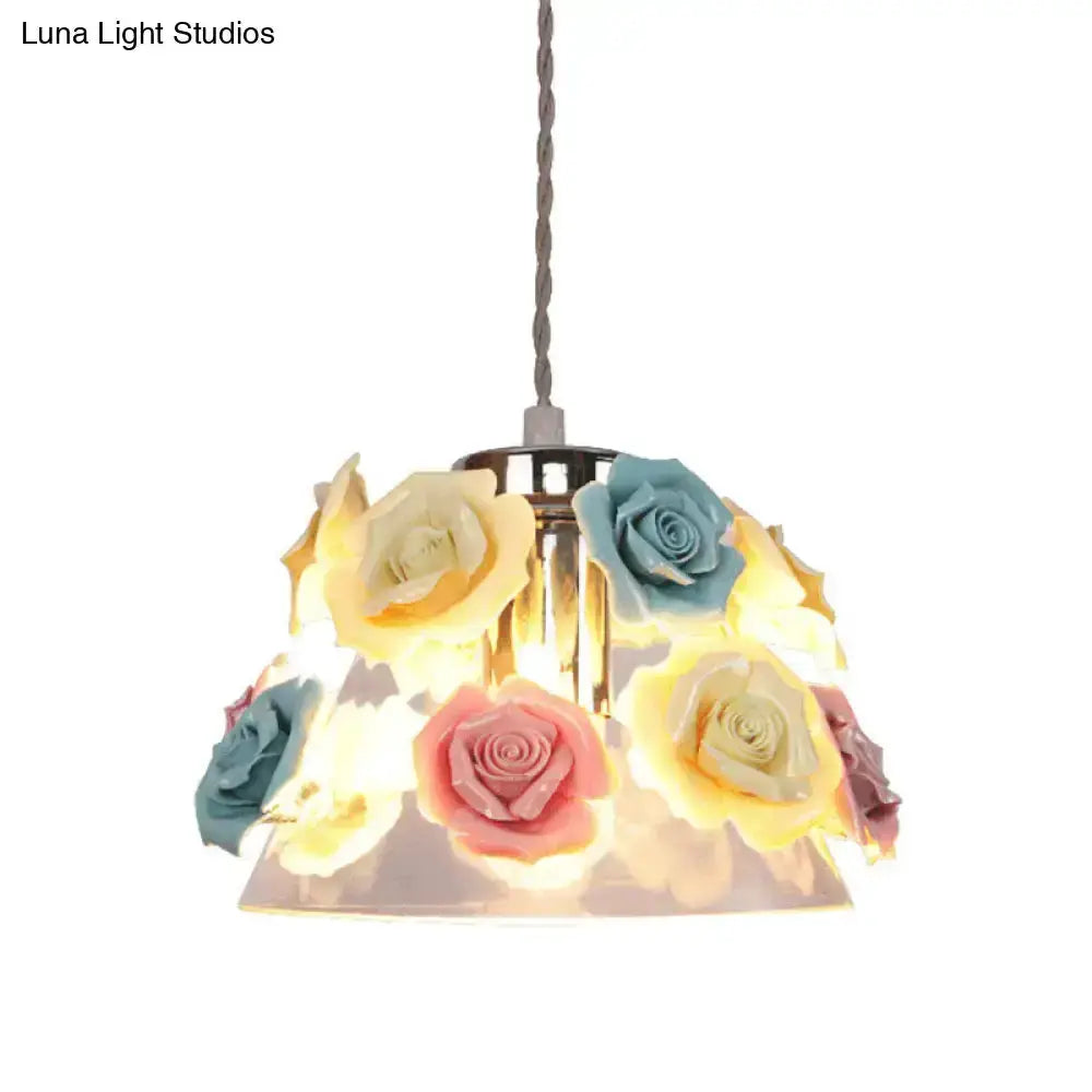 Glass flower pendant light with pastel rose blooms on clear shade Decorbites on Tampa Home & Garden Store