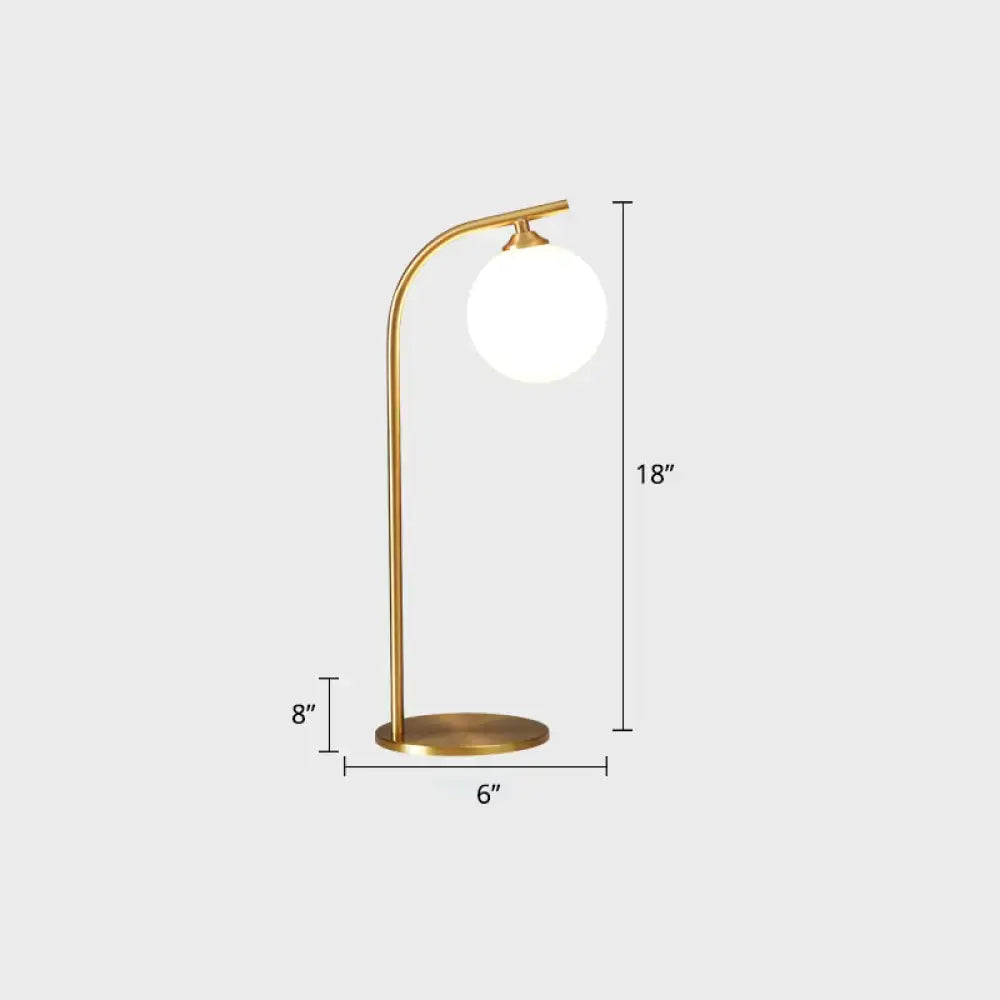 White glass nightstand lamp by Decorbites with brass arc and globe shade 18in tall on Tampa Home & Garden Store