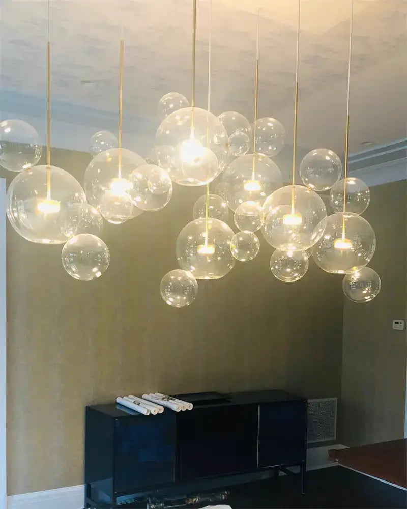 Chandelier Decorbites modern LED bubble globe pendant with 15 glass spheres and gold rods on Tampa Home & Garden Store