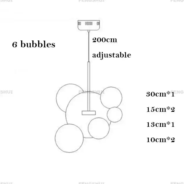 Chandelier Decorbites 6-globe LED bubble cluster with multi-size spheres and 200cm rod on Tampa Home & Garden Store