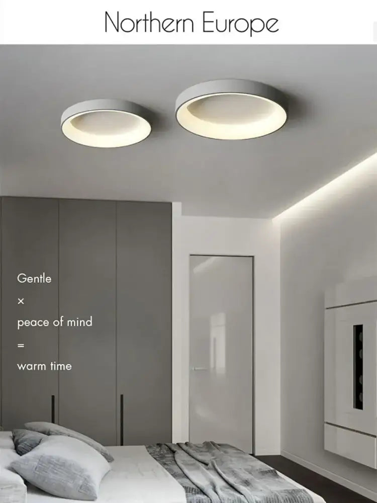 White Nordic circular flush-mount ceiling lights by Decorbites, pair of white halo-lit lamps on Tampa Home & Garden Store