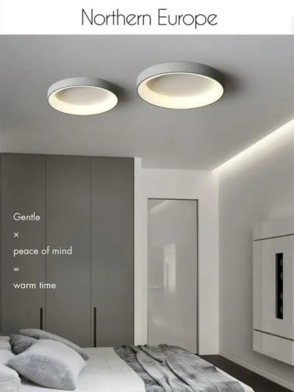 White Nordic circular flush-mount ceiling lights by Decorbites, pair of white halo-lit lamps on Tampa Home & Garden Store