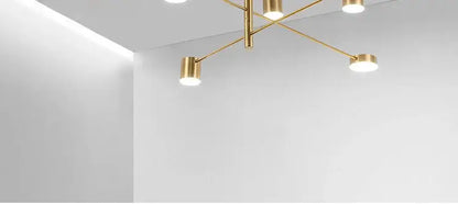 Gold Black Minimalist Chandelier with gold arms and cylindrical shades, modern ceiling lighting on Tampa Home & Garden Store