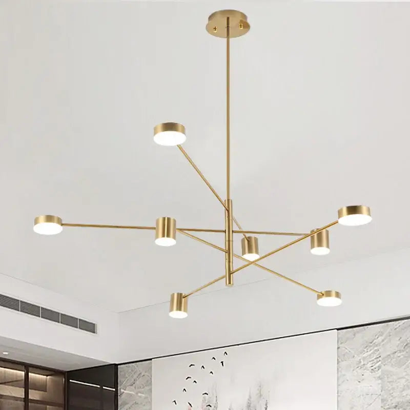 Gold Black Minimalist Chandelier with sputnik-style gold arms and round white bulbs on Tampa Home & Garden Store