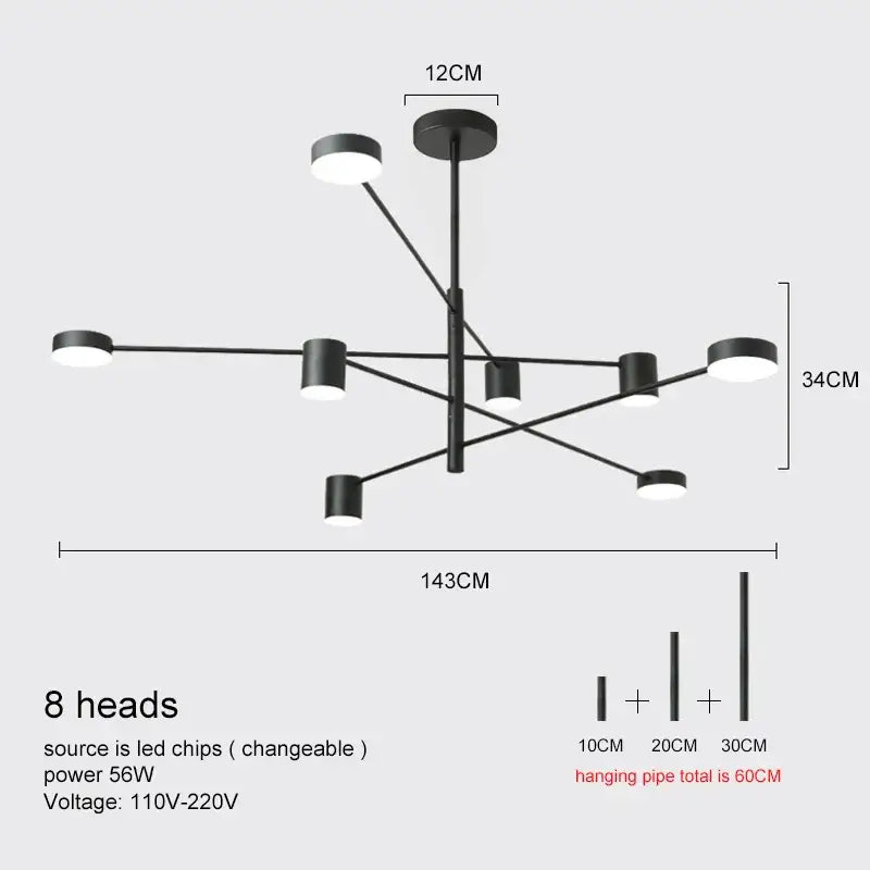 Gold Black Minimalist Chandelier by Decorbites, eight LED heads on black metal arms on Tampa Home & Garden Store