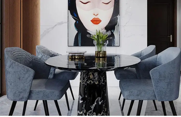 Gold Black Minimalist Chandelier black marble pedestal table with blue velvet chairs on Tampa Home & Garden Store