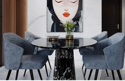 Gold Black Minimalist Chandelier black marble pedestal table with blue velvet chairs on Tampa Home & Garden Store