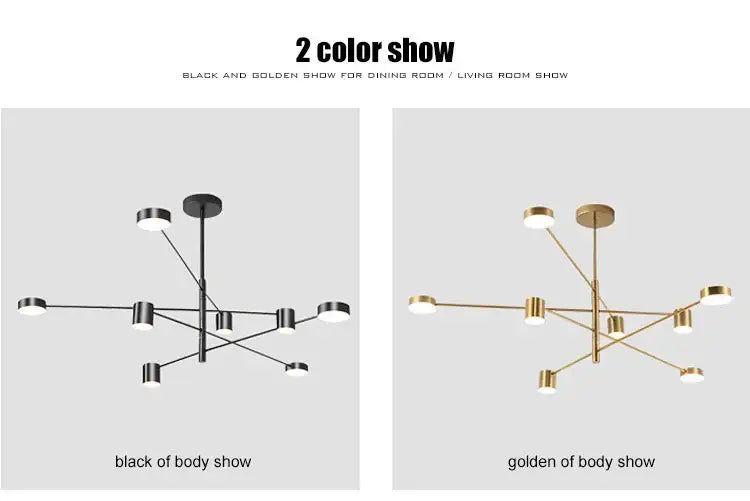 Gold Black Minimalist Chandelier by Decorbites in gold and black finishes, 2 options shown on Tampa Home & Garden Store