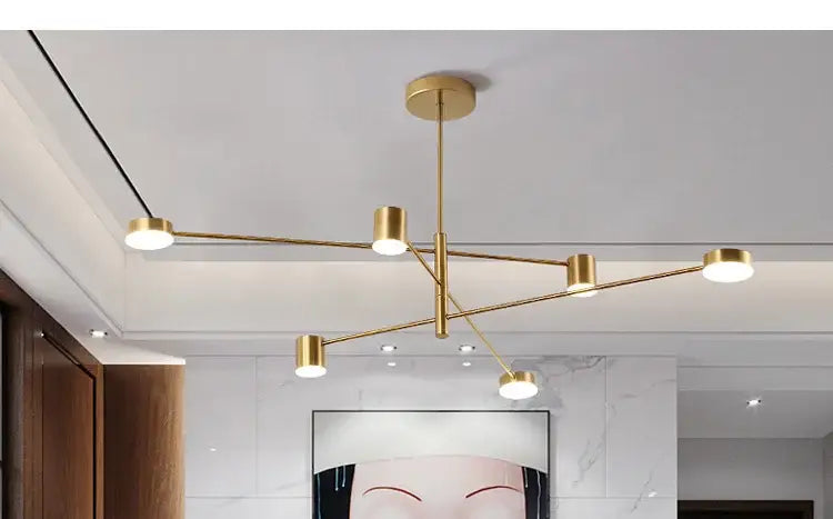 Gold Black Minimalist Chandelier with gold metal frame and white light heads on Tampa Home & Garden Store
