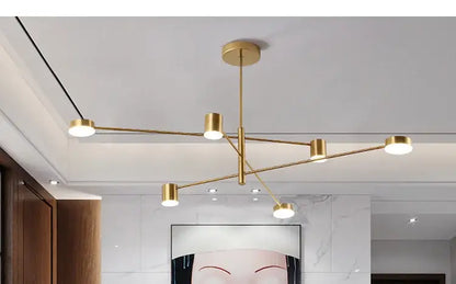 Gold Black Minimalist Chandelier with gold metal frame and white light heads on Tampa Home & Garden Store