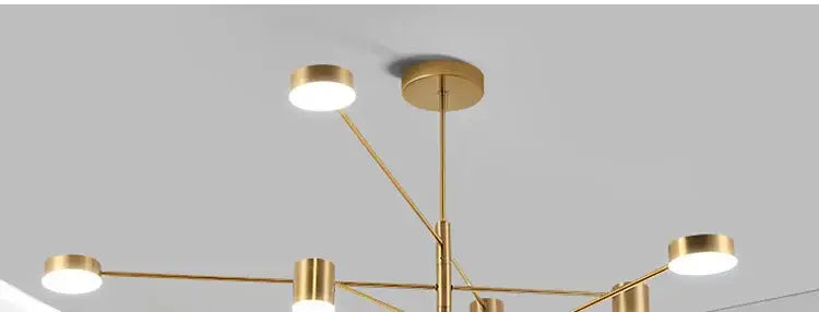 Gold black minimalist chandelier with slim gold arms and round white canopies on Tampa Home & Garden Store