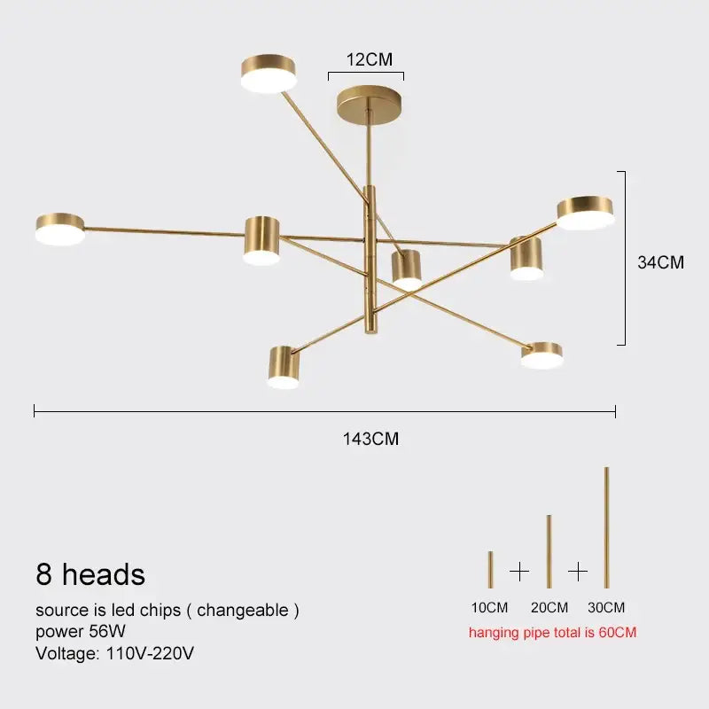 Gold Black Minimalist Chandelier by Decorbites eight-arm ceiling light with round LED heads on Tampa Home & Garden Store