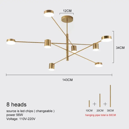 Gold Black Minimalist Chandelier by Decorbites eight-arm ceiling light with round LED heads on Tampa Home & Garden Store