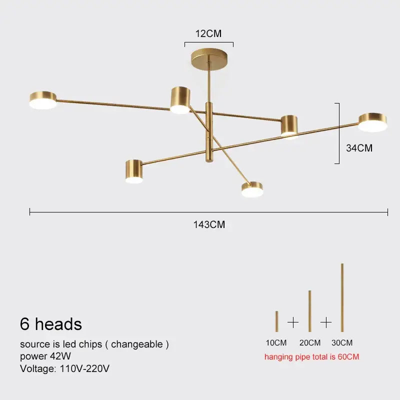 Decorbites Gold Black Minimalist Chandelier, six LED heads, brass finish on Tampa Home & Garden Store