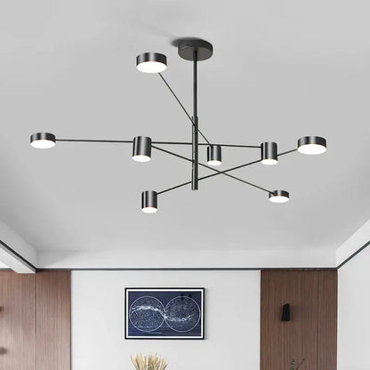 Gold Black Chandelier with black metal arms and white cylindrical shades, modern ceiling fixture on Tampa Home & Garden Store