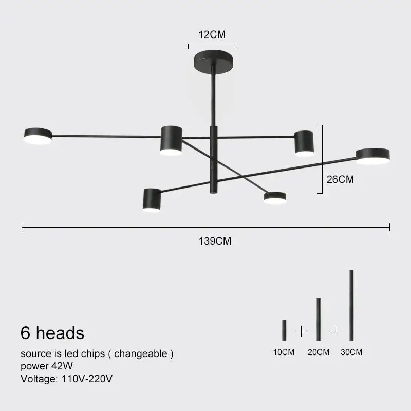 Gold Black Minimalist Chandelier by Decorbites, 6 LED heads, 139cm span on Tampa Home & Garden Store