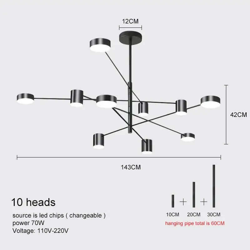 Gold Black Minimalist Chandelier by Decorbites, 10 LED heads, black metal finish on Tampa Home & Garden Store