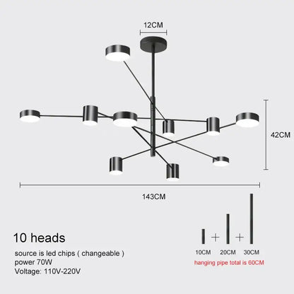 Gold Black Minimalist Chandelier by Decorbites, 10 LED heads, black metal finish on Tampa Home & Garden Store