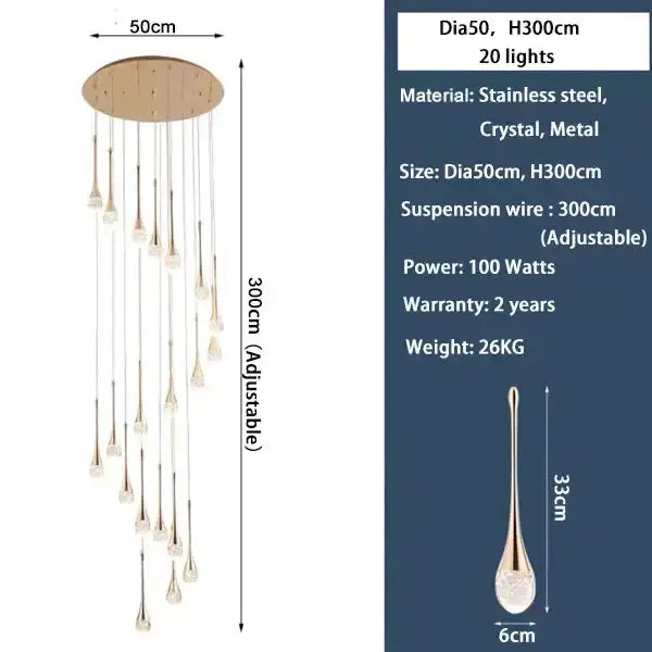 Chandelier Decorbites gold LED crystal cascading pendant, 20-light adjustable 300 cm suspension on Tampa Home & Garden Store