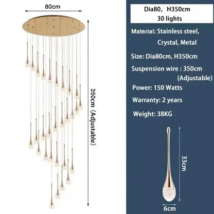 Modern gold LED crystal chandelier with cascading teardrop pendants, adjustable by Decorbites on Tampa Home & Garden Store