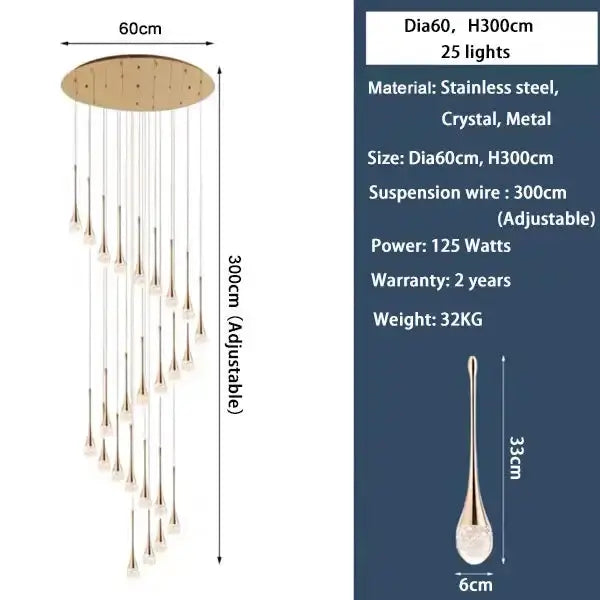 Chandelier Decorbites gold LED crystal cascading pendant with 60cm dia and 300cm suspension on Tampa Home & Garden Store