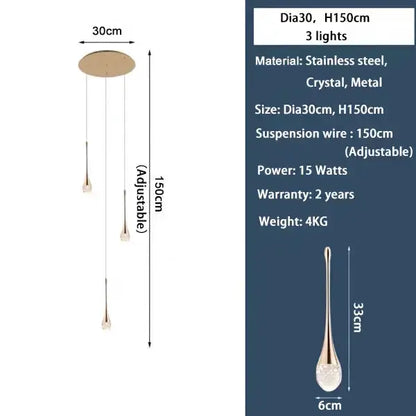 Modern gold LED crystal chandelier dining room cascading pendant, 3 lights, Dia30cm H150cm on Tampa Home & Garden Store