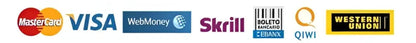 Row of payment method logos: MasterCard, Visa, WebMoney, Skrill, QIWI, Western Union on Tampa Home & Garden Store