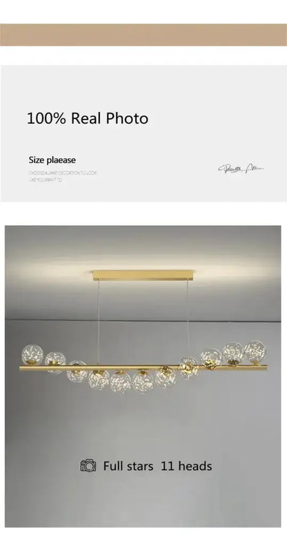 Modern gold linear LED glass chandelier with 11 glass globes for dining room on Tampa Home & Garden Store