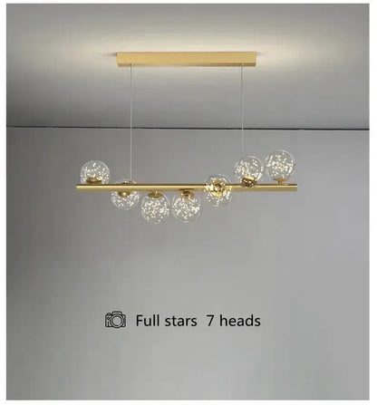 Modern gold linear LED glass chandelier dining room pendant light with seven glass globes on Tampa Home & Garden Store