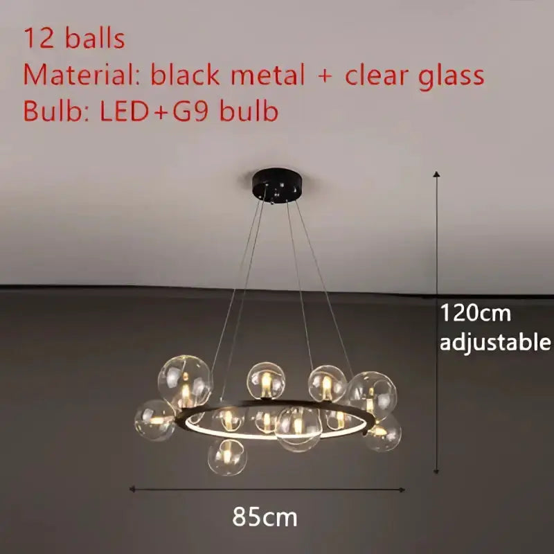 Chandelier modern black metal ring with 12 clear glass bubble LEDs by Decorbites on Tampa Home & Garden Store