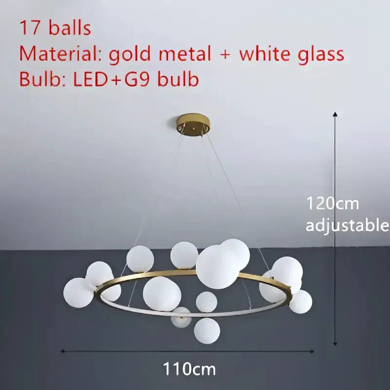 Chandelier gold metal ring with white glass bubble bulbs, 17 spheres, adjustable 110cm on Tampa Home & Garden Store