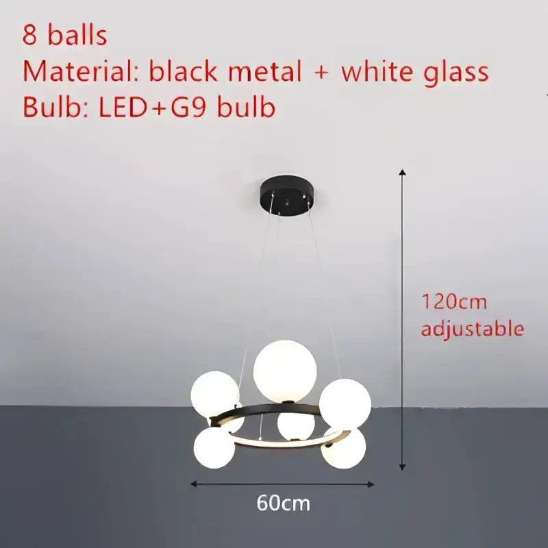 Chandelier, black metal with white glass bubbles, LED G9 bulbs, 60 cm dia, 120 cm adjustable on Tampa Home & Garden Store