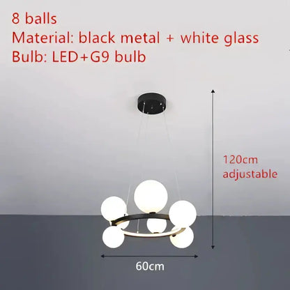 Chandelier, black metal with white glass bubbles, LED G9 bulbs, 60 cm dia, 120 cm adjustable on Tampa Home & Garden Store