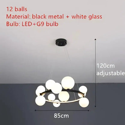 Chandelier Decorbites modern black metal ring with white glass bubble LEDs, 12 bulbs on Tampa Home & Garden Store