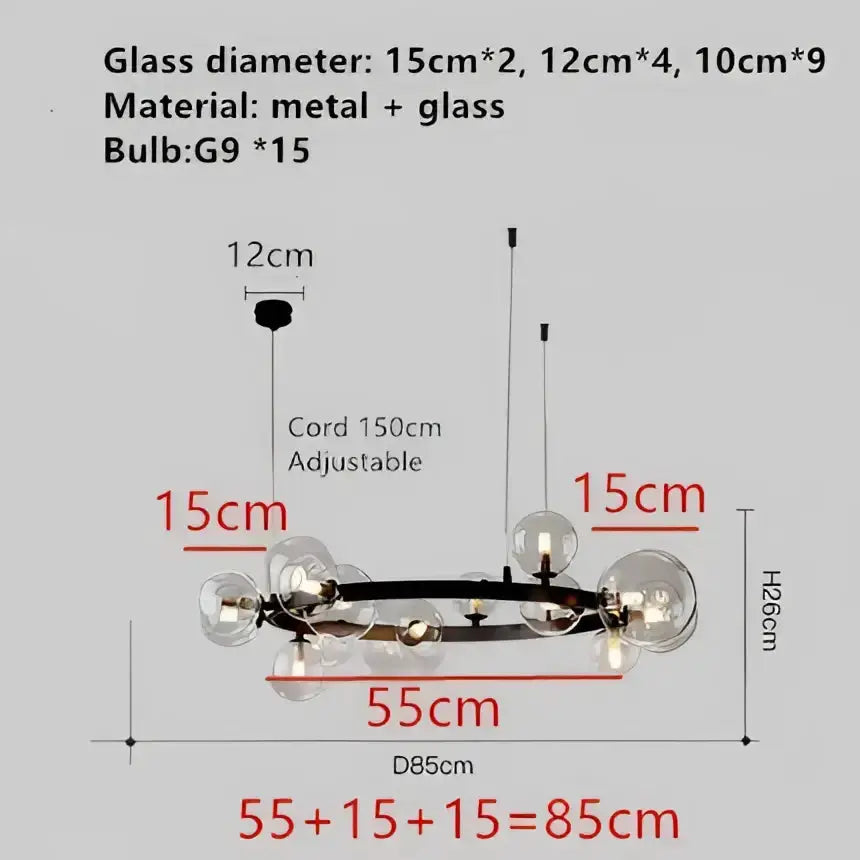 Chandelier Decorbites modern black metal frame with clear glass bubble globes, 15 G9 LEDs on Tampa Home & Garden Store
