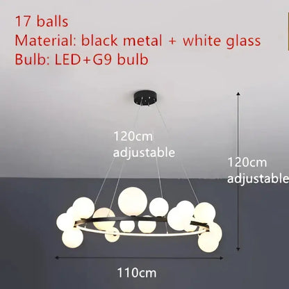 Chandelier Decorbites: modern black metal white glass bubble LED with 17 globes, 110cm wide on Tampa Home & Garden Store