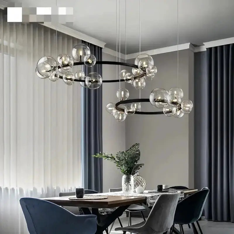 Chandelier Modern black clear glass bubble LED dining light with double rings and glass globes on Tampa Home & Garden Store