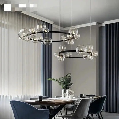 Chandelier Modern black clear glass bubble LED dining light with double rings and glass globes on Tampa Home & Garden Store