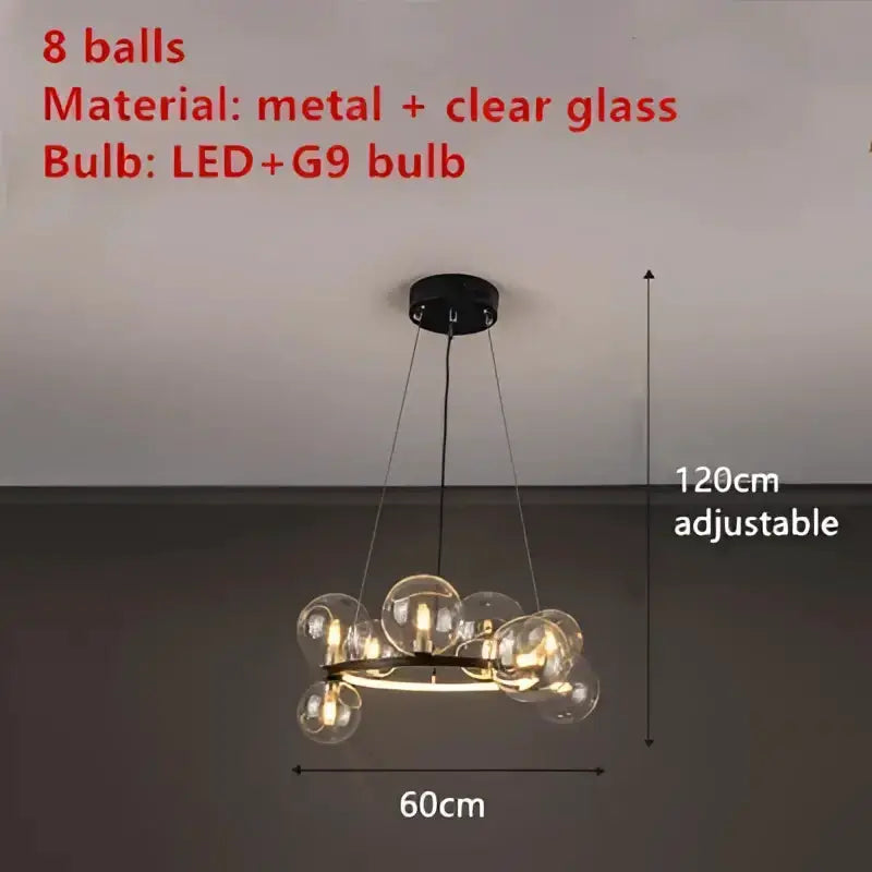 Chandelier Decorbites black metal with 8 clear glass bubble LEDs, 60cm wide, 120cm chain on Tampa Home & Garden Store