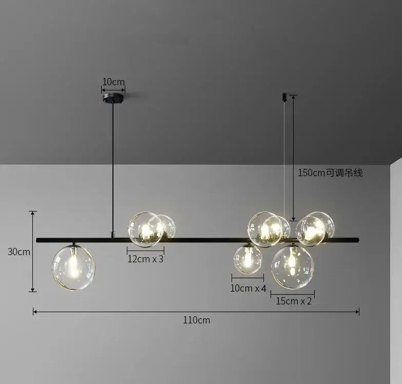Chandelier Decorbites modern black bar with clear glass bubble LED bulbs, 110cm long on Tampa Home & Garden Store